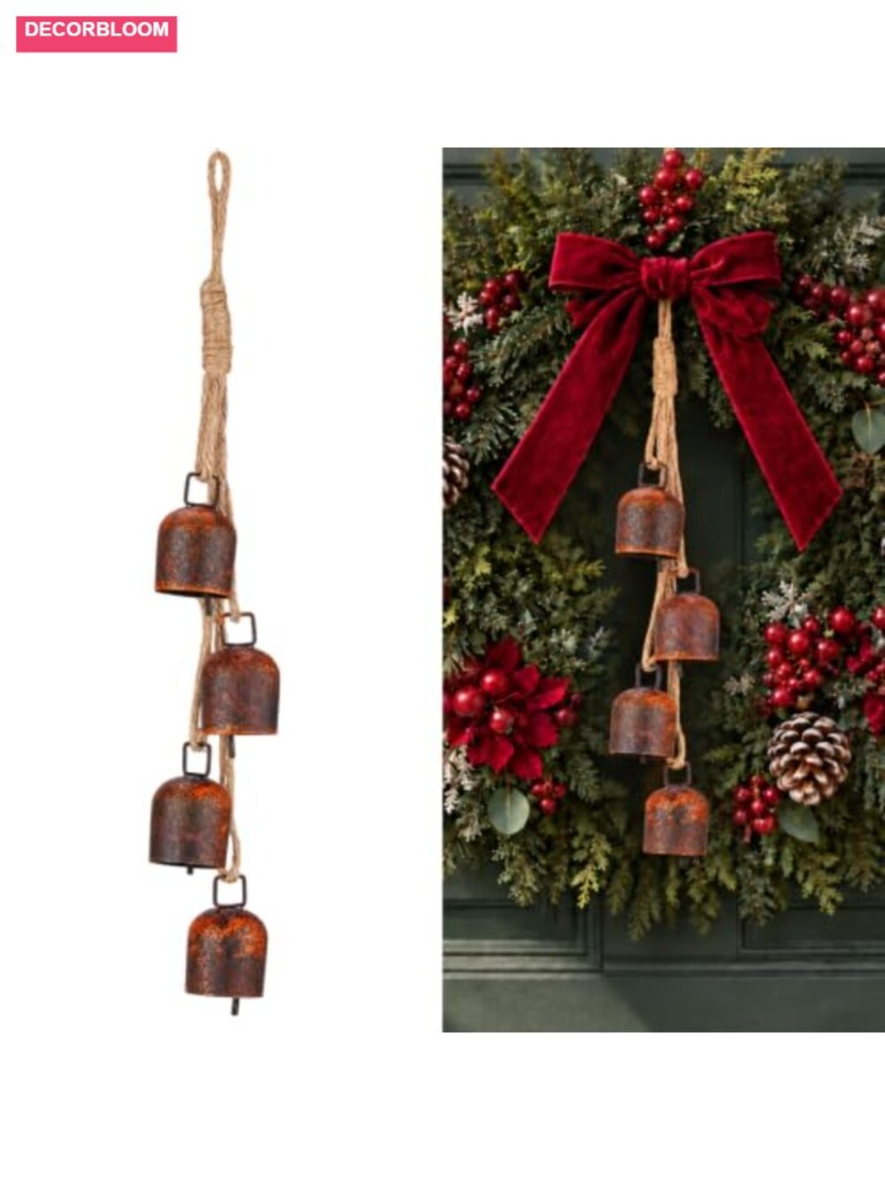 Handmade Metal Christmas Bells Set of 4 Decorative Hanging Ornaments